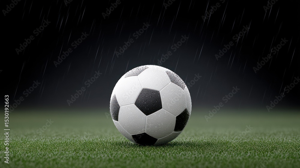 Naklejka premium Close-Up of a Classic Soccer Ball on Wet Grass in Dramatic Lighting