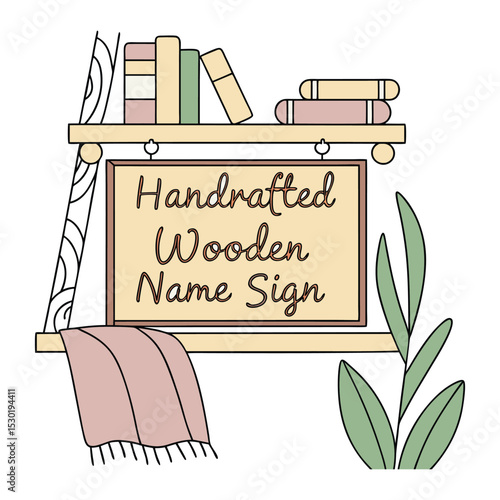 Charming handcrafted wooden name sign artwork featuring illustrated books and foliage in a cozy and inviting aesthetic