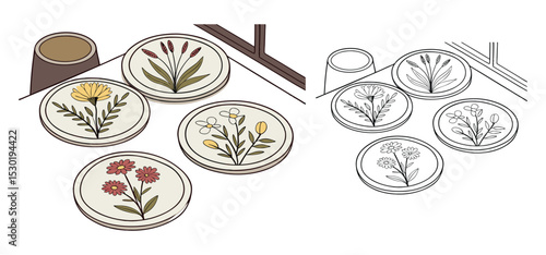 Charming hand-drawn flower coasters featuring various floral arrangements and natural botanical designs suitable for decorative purposes.