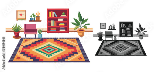 Colorful cartoon illustration depicting a cozy living room interior with a vibrant patterned rug and potted plants