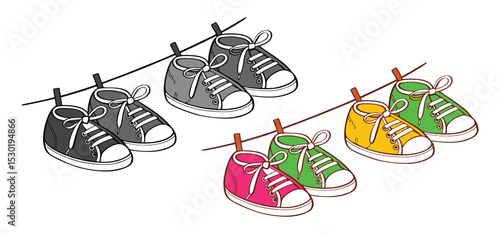 Colorful cartoon sneakers in various colors hanging on a clothesline with white background presenting summer or spring vibes