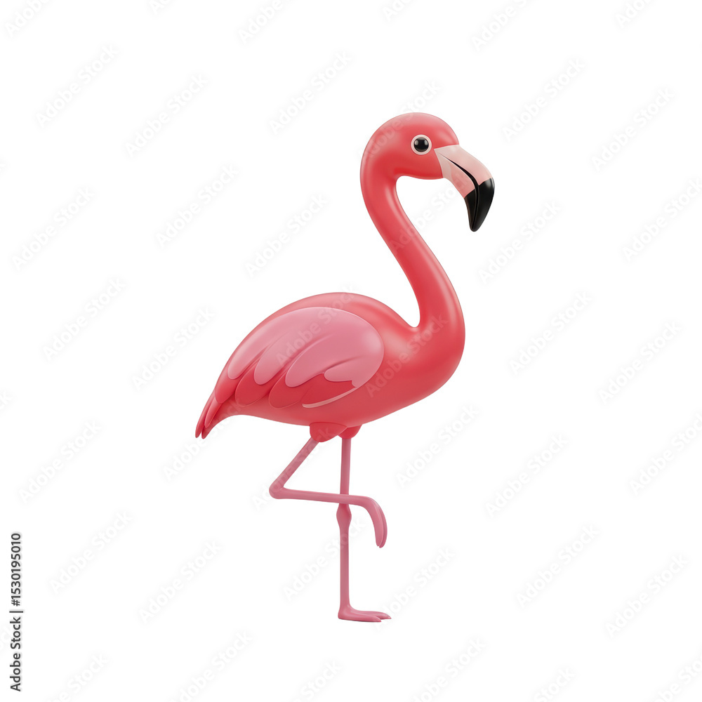 Fototapeta premium Pink Cartoon Flamingo Standing on One Leg in White Background