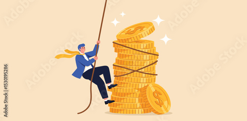 Financial goal, income, salary and career path, investor risk to make profit or savings to reach financial independence concept, businessman trying hard climbing rope to reach top of money coins stack