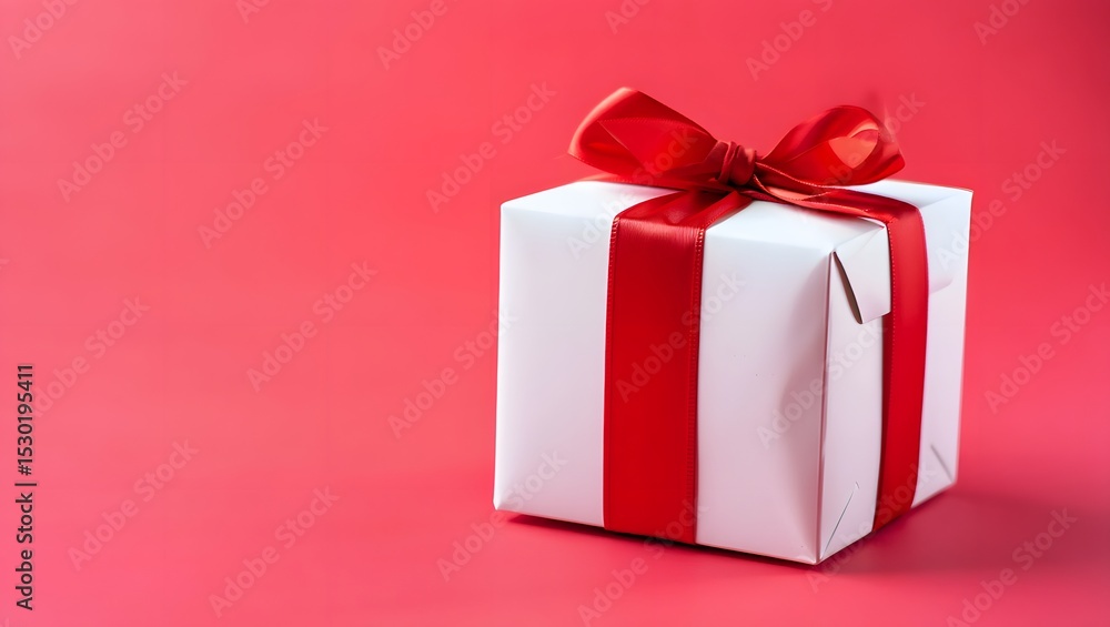 A white gift box tied with a vibrant red ribbon, set against a red backdrop A white gift box tied with a vibrant red ribbon, set against a red backdrop