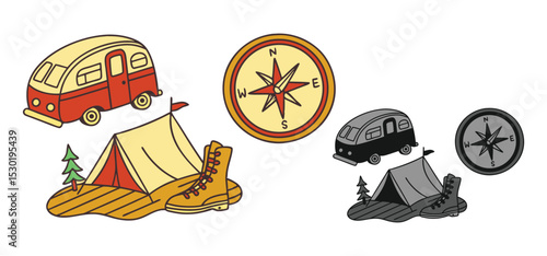 Cute colorful camping themed illustration featuring a tent a compass a camper van and hiking boots vector