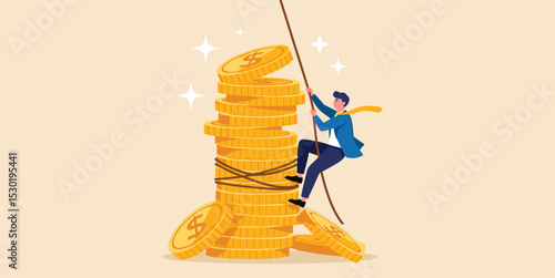 Financial goal, income, salary and career path, investor risk to make profit or savings to reach financial independence concept, businessman trying hard climbing rope to reach top of money coins stack