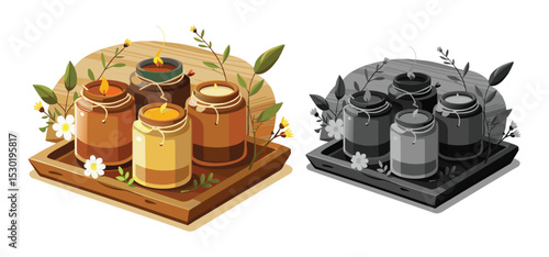 Decorative candles in glass jars with floral accents arranged on a wooden tray for relaxation and home ambiance