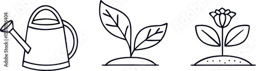 Gardening, Agriculture line icon set. Vector pictograms of grow your own food, watering can, greenhouse, seedling, sprout, farmer, pollination, fertilizer thin linear illustration.