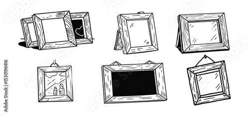 Detailed illustration of six differently styled wooden picture frames in a hand-drawn black and white line art style.