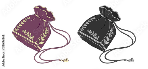 Elegant cartoon illustration featuring two decorative sacks adorned with leafy designs and drawstrings in a simple style