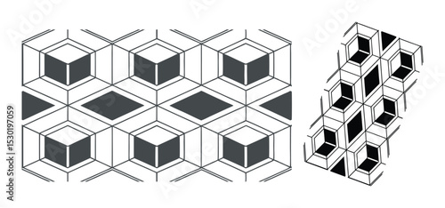 Geometric black and white architectural pattern with cubical elements arranged in a repeating three-dimensional style design