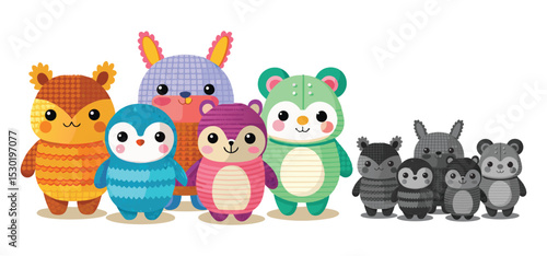 Group of cute cartoon animals smiling cheerfully with adorable features designed in a colorful style
