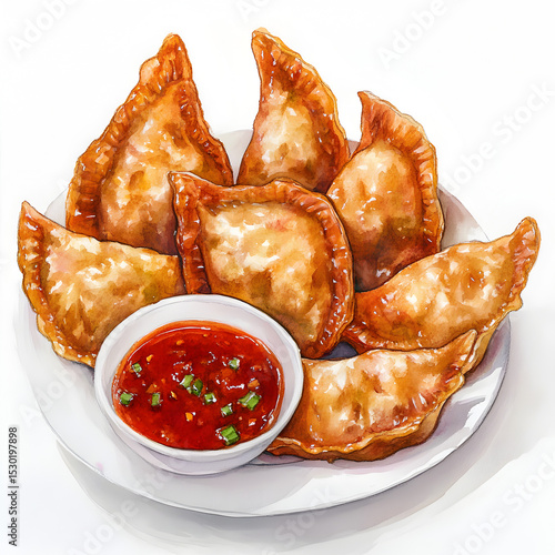A watercolor painting of golden-fried dumplings with sauce.