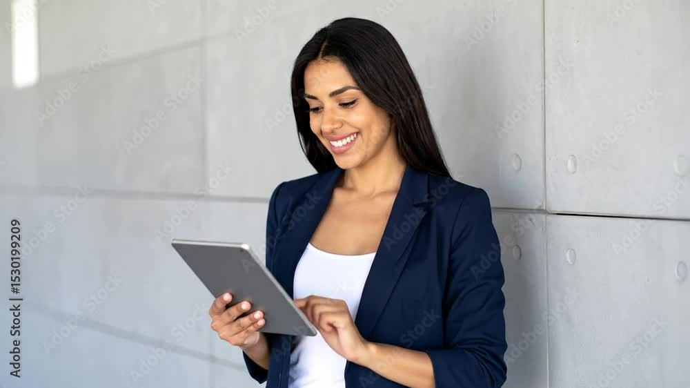 Empowered businesswoman interacts with a modern tablet for dynamic productivity Empowered businesswoman interacts with a modern tablet for dynamic productivity