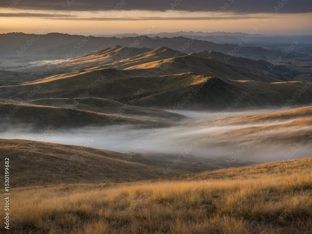 Long exposure of clouds drifting across a highland valley at sunrise with layers of golden grassland and dark mountains forming an atmospheric panoramic view, the sky is blurred into Long exposure of clouds drifting across a highland valley at sunrise with layers of golden grassland and dark mountains forming an atmospheric panoramic view, the sky is blurred into