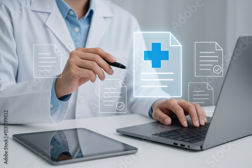 Healthcare Professional Interacting with Digital Medical Records on a Laptop and Tablet, Featuring Glowing Health Document Icons and a Prominent Plus Sign, Representing a Medical Platform