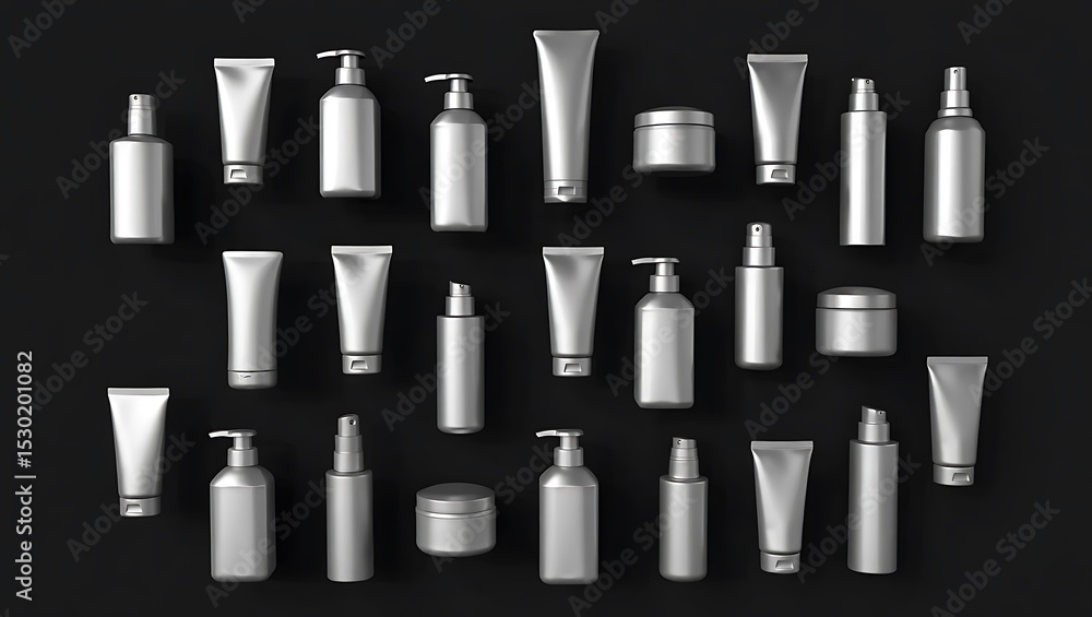 Fototapeta premium Sleek Silver Cosmetic Packaging Tubes, Bottles, Jars, and More, a Stylish Collection for Beauty Products