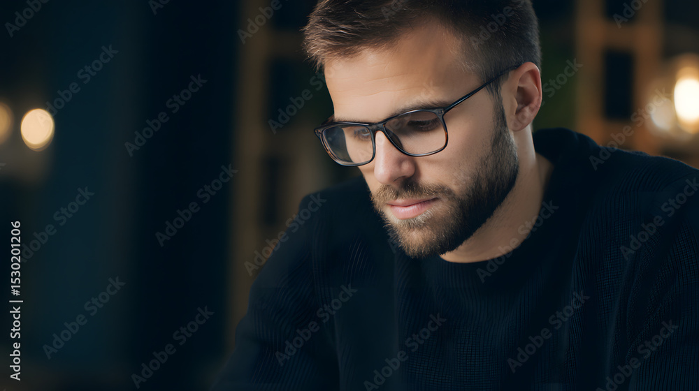 Obraz premium A man's intense focus in digital immersion, glowing softly with unseen connection