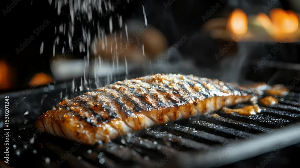 Grilled Salmon Being Seasoned With Salt on a Black Grill with a Dark Background and Smoke in a Low Light Setting for Culinary Excellence Grilled Salmon Being Seasoned With Salt on a Black Grill with a Dark Background and Smoke in a Low Light Setting for Culinary Excellence