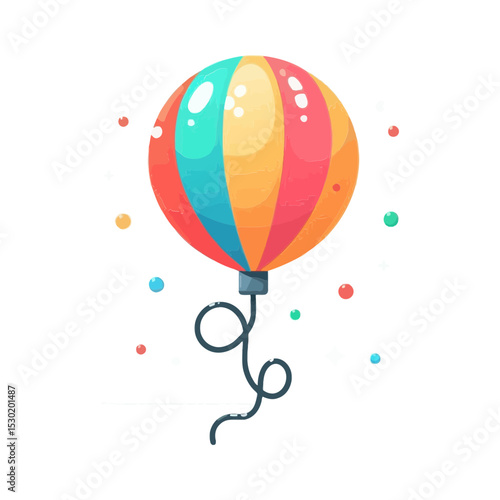 colorful striped balloon with a curly string, surrounded by confetti. Ideal for websites/blogs about celebrations, parties, birthdays, events, or festive decorations.