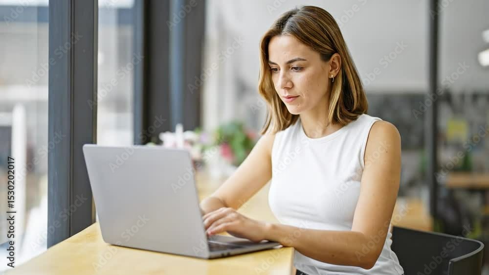 Focused woman diligently working on her laptop in a bright, modern workspace Focused woman diligently working on her laptop in a bright, modern workspace