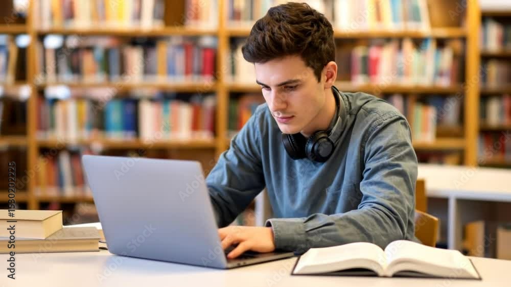 Focused student using laptop in a library Focused student using laptop in a library