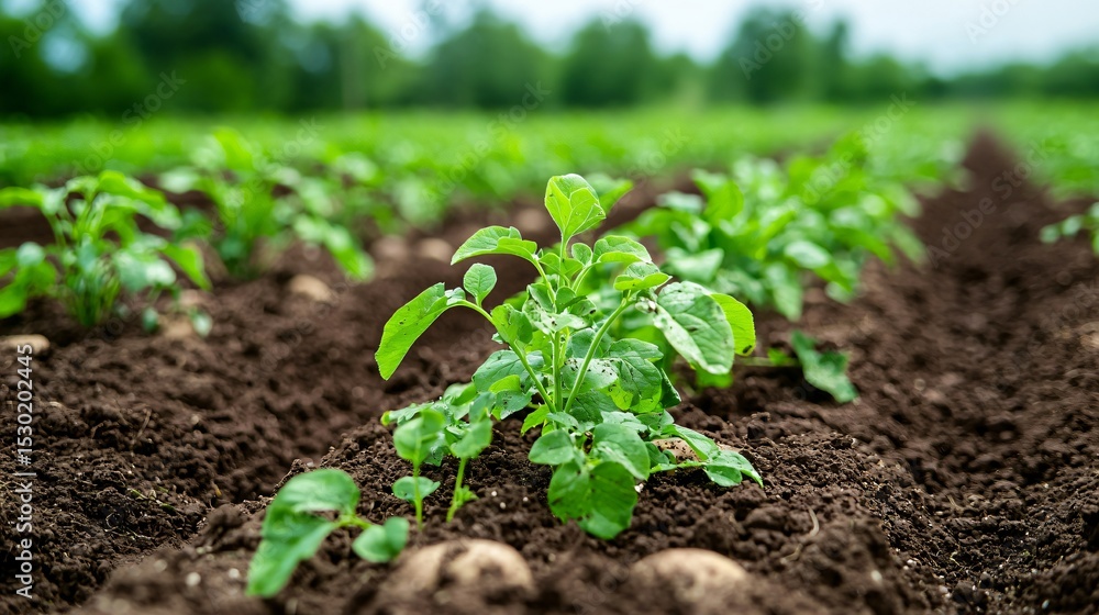 an expansive potato field with green leafy tops, freshly watered soil rich in color, close-up foreground plants in detail, evenly spaced rows fading into the horizon, minimal sky presence to an expansive potato field with green leafy tops, freshly watered soil rich in color, close-up foreground plants in detail, evenly spaced rows fading into the horizon, minimal sky presence to