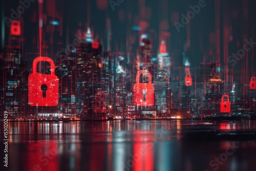 Abstract City Skyline at Night with Floating Lock Icons for Digital Security Themes