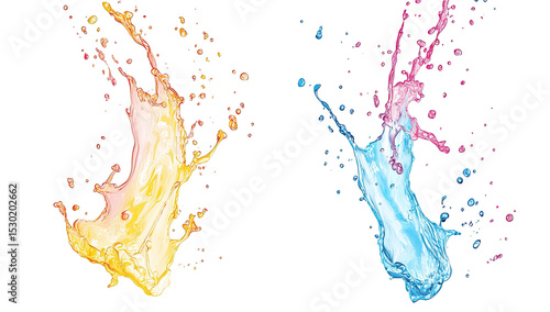 Two vibrant liquid splashes, one gold-orange and the other blue-pink,  in a dynamic, detailed illustration