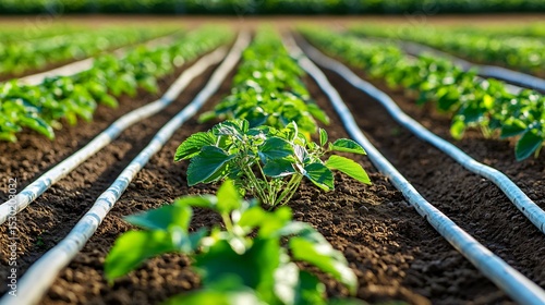 a high-resolution view of a strawberry field with symmetrical planting patterns, visible irrigation hoses between rows, early berry growth stage with small fruits visible, crisp focus in foreground,