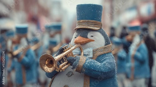 Penguin Bandmaster: A charming penguin bandmaster leads his marching band, their instruments gleaming, a festive spectacle of music and merriment.