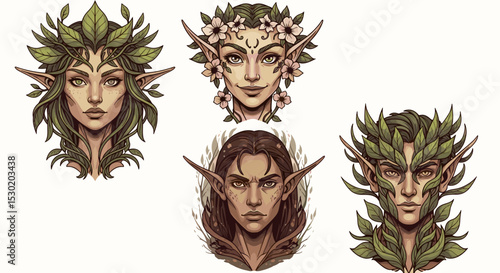 Elven portraits with leaves flowers and braids
