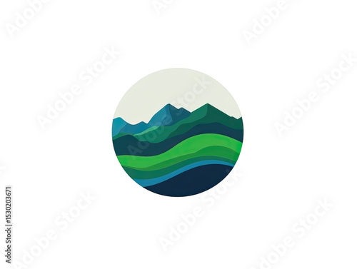 Circular graphic of layered mountains and valleys