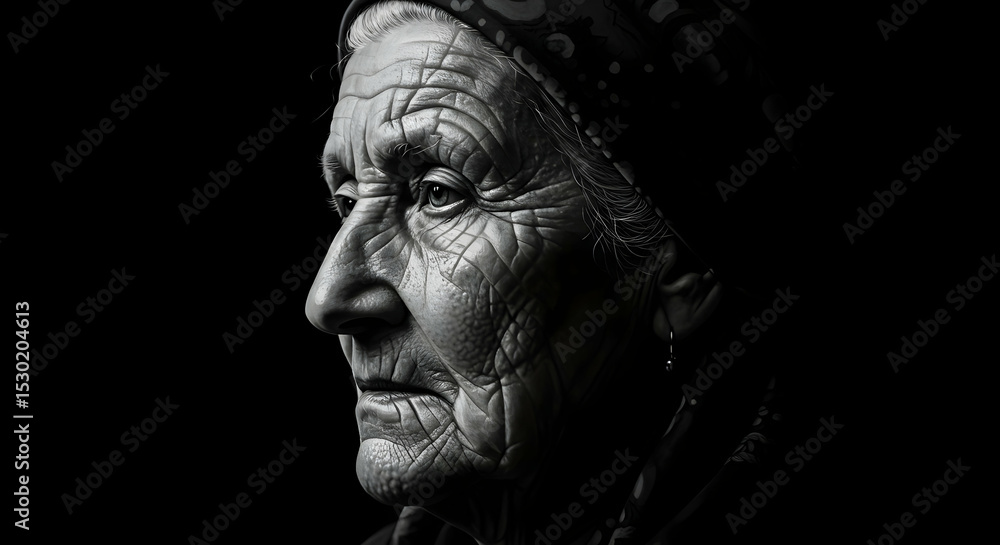 Portrait of an elderly woman deep in thought black and white photography Portrait of an elderly woman deep in thought black and white photography