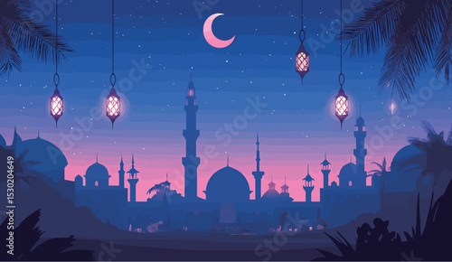 Stunning twilight scene of a mosque silhouette with vibrant hues and hanging lanterns.