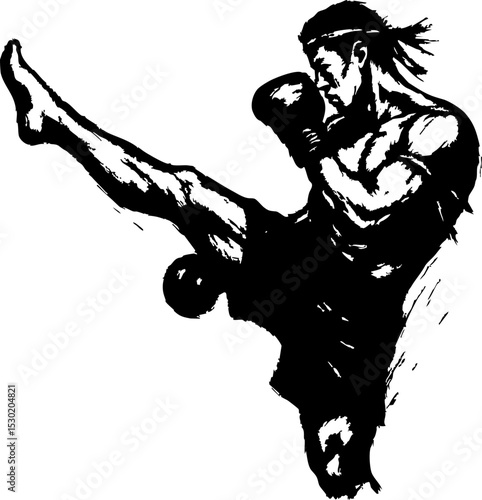 Dynamic Muay Thai Kick - Powerful Black and White Martial Arts Illustration