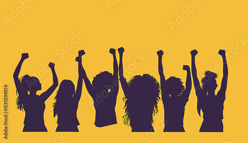 Silhouettes of diverse women celebrating empowerment against a vibrant yellow background.