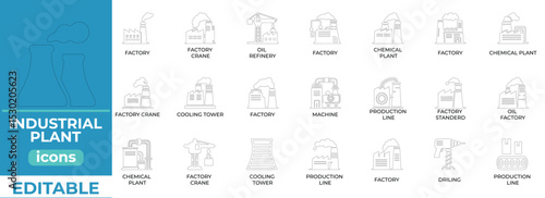 Line art industrial icons for factory, energy, and plant design

