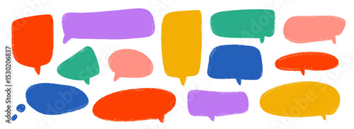 Colored hand drawn speech bubble collection. Playful Doodled marker dialog box set. Scribbled textured comic talk frames. Bright sketched chat box pack. Red and blue balloon text box bundle. Vector 