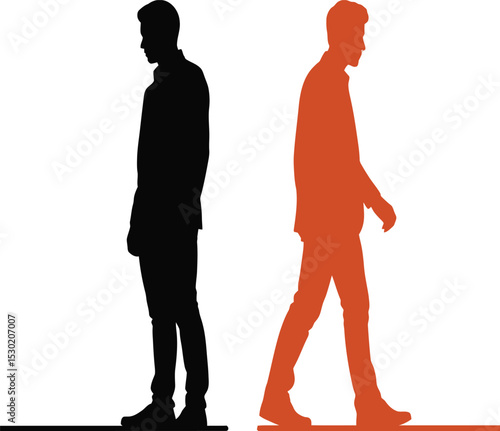 Silhouette of a man standing and another walking in different directions on a white background