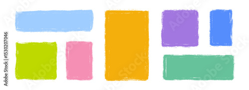 Colorful crayon text box set. Hand drawn rectangle sticker shape collection. Rough edge geometric patch pack. Playful doodled borders and frames. Vector bright painted elements for collage, banner