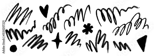Hand drawn pen scribble set. Grunge crayon doodled line pack. Black free hand rough curly pencil scrawl try collection. Messy charcoal squiggle brush stroke bundle. Vector wiggly marker sketch swirl