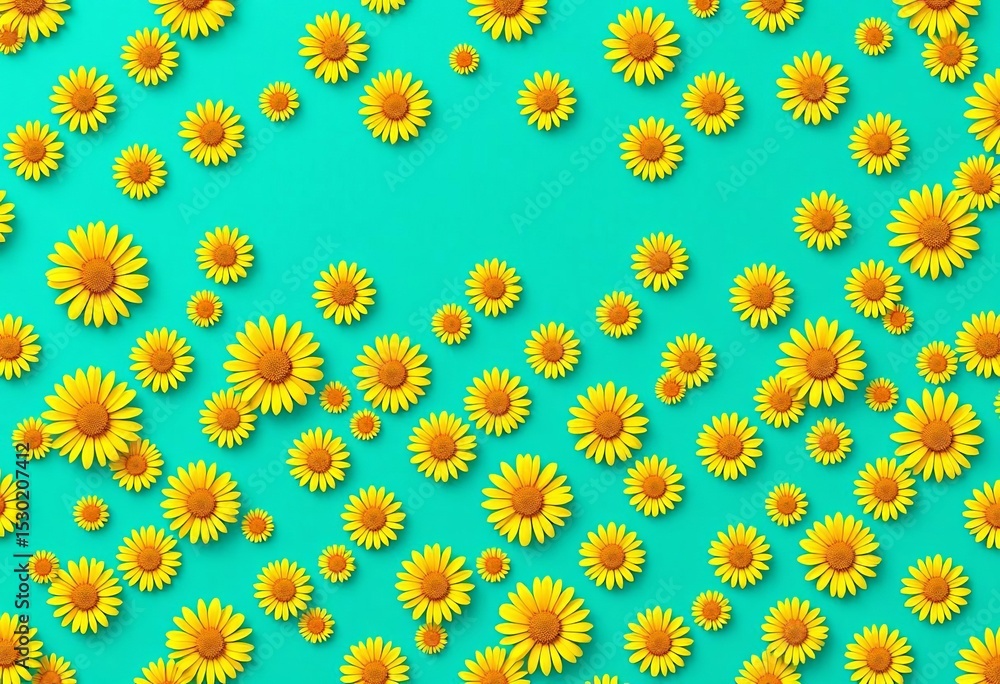 Obraz premium Vibrant teal background features repeating diamond pattern of bright yellow daisies , pattern, background