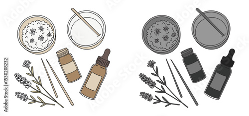 Hand drawn illustration of spa and self care elements including lavender flowers and essential oils in a minimalist style.