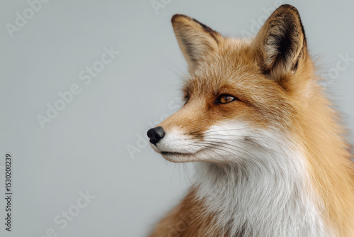 minimalist photograph of fox on clean light gray background emphasizing ultrabright color of its fur