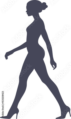 Silhouette of a woman walking in heels with a bun hairstyle on a white isolated background view side