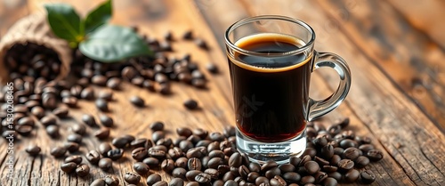 Steaming espresso in glass, coffee beans scattered on rustic wood,  image,  close-up
