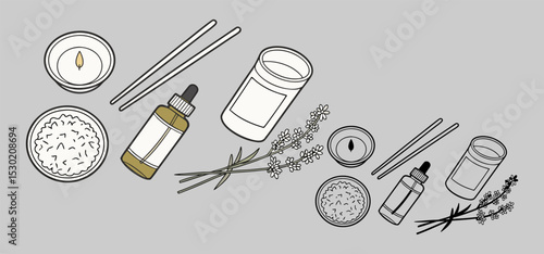 Illustrated composition of relaxing spa elements including candles essential oils lavender and other self care items arranged on a gray background
