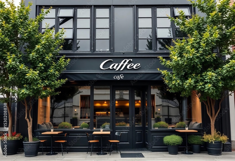 Naklejka premium Sleek black cafe exterior, large windows, flanking trees, greenery, branches