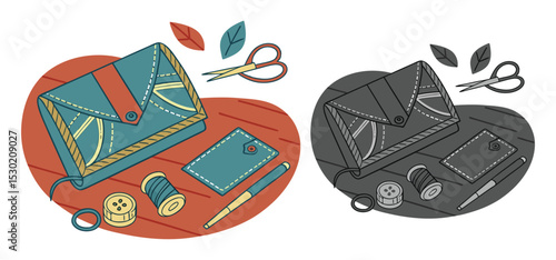 Illustration of a handcrafted leather wallet with sewing tools like scissors and thread in a flat design.